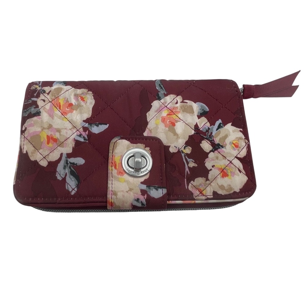 Vera Bradley Burgundy Floral Quilted Cotton Turn Lock Accordion Wallet
